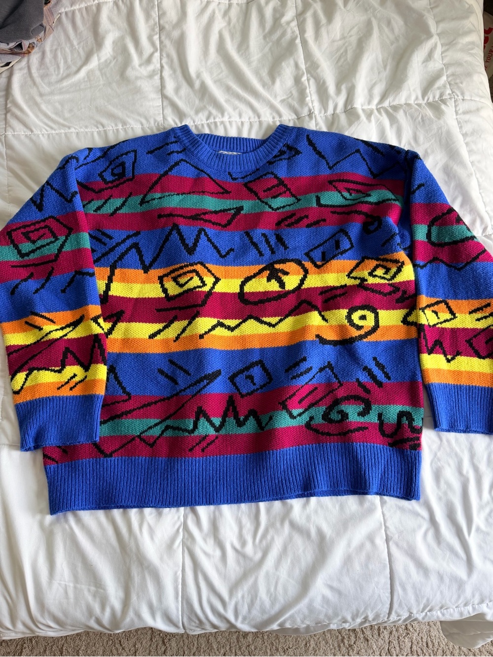 Unisex  Multicolor Abstract Stripe Sweater - Blue, Yellow, Maroon